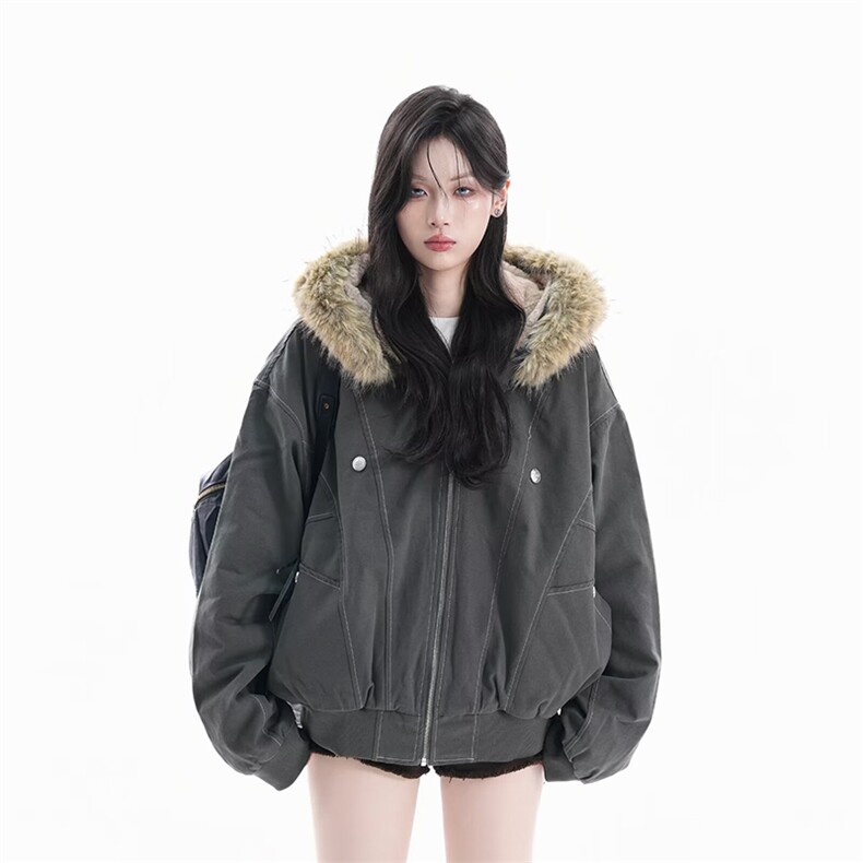 现货重磅boxy短款棉衣座山雕大毛毛领男女棉服水洗工装厚外套,男装棉衣,电商A486