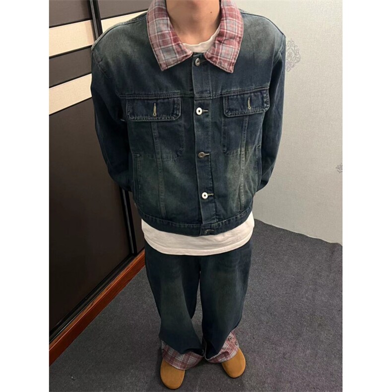 【有货】DT7010-P118美式潮牌格纹拼接男春秋夹克牛仔裤两件套装,男装休闲套装,星座603-2