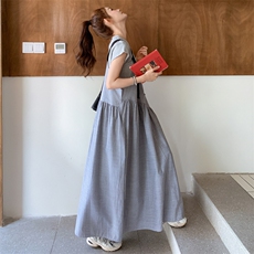 学院风拼接假两件条纹背带连衣裙女2025夏季新款韩版宽松a字长裙，女装连衣裙，2C158