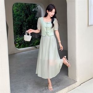 现货新中式气质假两件套连衣裙女2024夏季新款复古元素改良旗袍图片