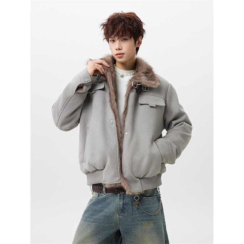 MFDD003-特P113 美式麂皮绒毛领短款棉服男加绒棉衣加厚外套图片