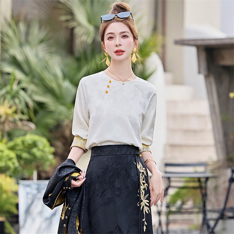 芷墨春季新款新中式简约通勤百搭显瘦上衣拼接透气纯色上衣女,女装衬衫,芷墨服饰