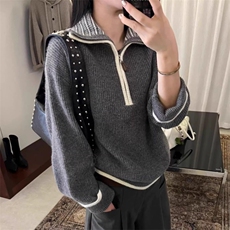 2025年秋季时尚不对称通勤简约休闲半拉链套衫，女装针织衫/毛衣，胜智羊绒