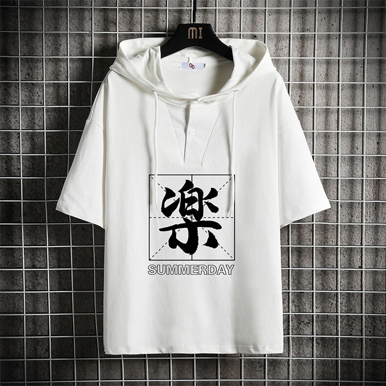 LD54197-P45 连帽短袖t恤男大码胖子带帽五分袖中袖 网格挂拍图片