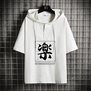 LD54197-P45 连帽短袖t恤男大码胖子带帽五分袖中袖 网格挂拍图片