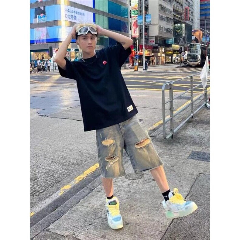 美式街头破洞牛仔短裤男夏季水洗做旧vintage裤子设计毛边五分裤图片
