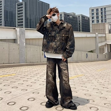 破洞微喇套装男宽松炸街vibe风重工垫肩夹克上衣两件套W6014-P115，男装休闲套装，星座412-2