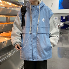 冬季加绒拼接羊羔毛连帽服男潮牌衣宽松保暖外套W6555-P98，男装棉衣，星座512-3