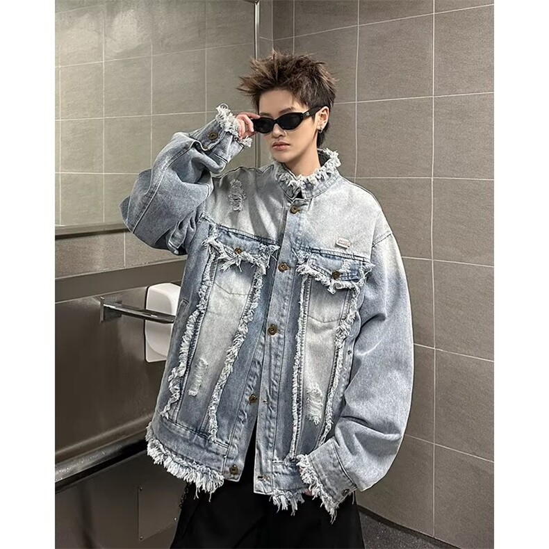 高街毛边设计水洗牛仔夹克男女秋季宽松破洞立领外套LJ88966-P83,男装工装外套,星座1008