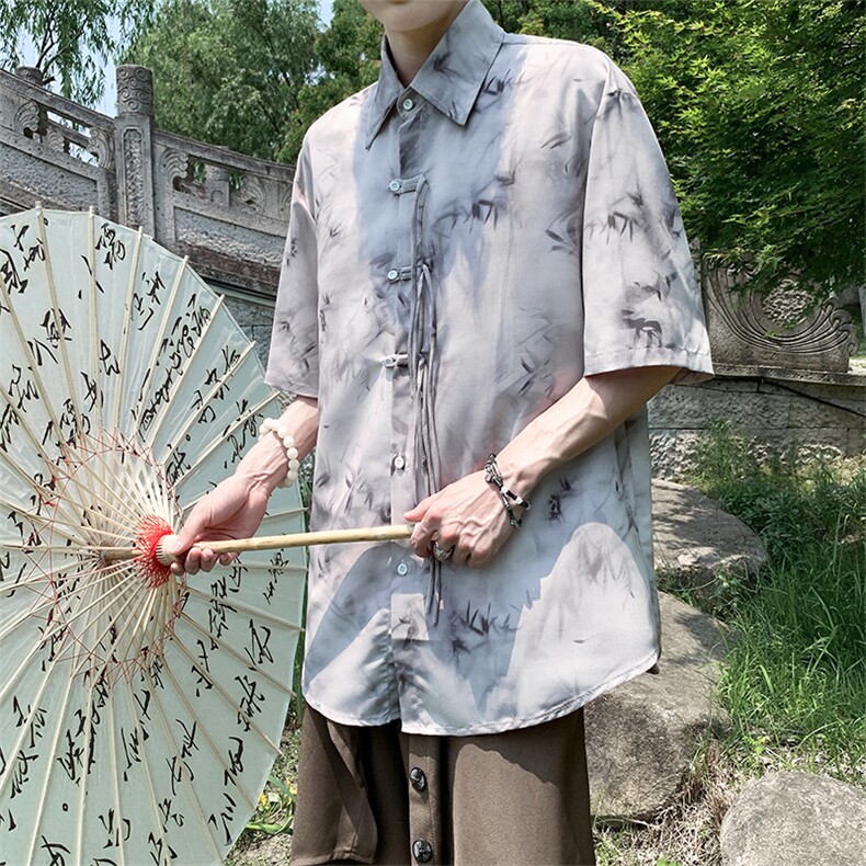 现货！新中式新款衬衫短袖风竹叶水墨画花大码CS33-P65-控88,男装衬衫,电商A021