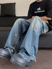 复古水洗破洞牛仔裤男款夏季新款薄款宽松直筒阔腿休闲长裤，男装牛仔裤，星座410-6（原星座1304-1）