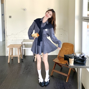 学院风蓝色格子连衣裙女春秋2025新款超火好看高级感小众气质裙子图片