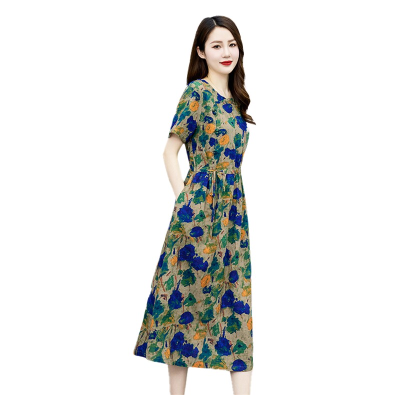 棉麻碎花连衣裙女夏季2025新款收腰显瘦休闲气质薄款短袖亚麻裙子,女装连衣裙,倪叶myz