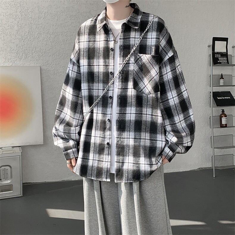 衬衫男秋季新款港风宽松大码磨毛格子长袖衬衣CS6638-特P29，男装衬衫，星座214-3