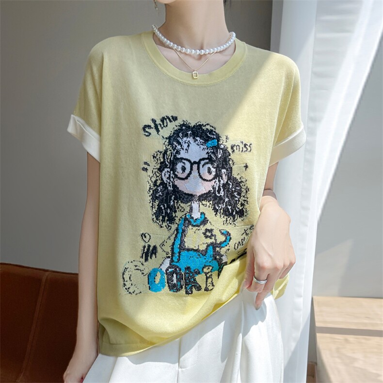 夏季新款竹节麻卷发眼镜女孩短袖女修身显瘦百搭时尚休闲上衣潮,女装T恤,暖娇绒包芯纱店