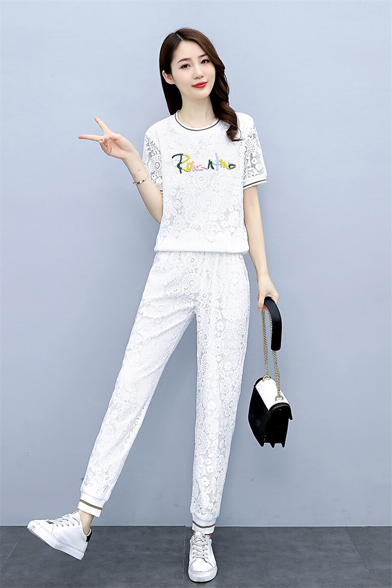 欧货洋气休闲时尚套装女2023年夏装新款蕾丝束脚裤两件套减龄显瘦,女装套装/套裙,梦依杭