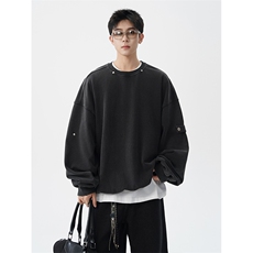 8XL-M高品质美式雕刻可拆卸破洞帽洗水深灰多穿法圆领卫衣WY28P88，男装卫衣，电商D206-1