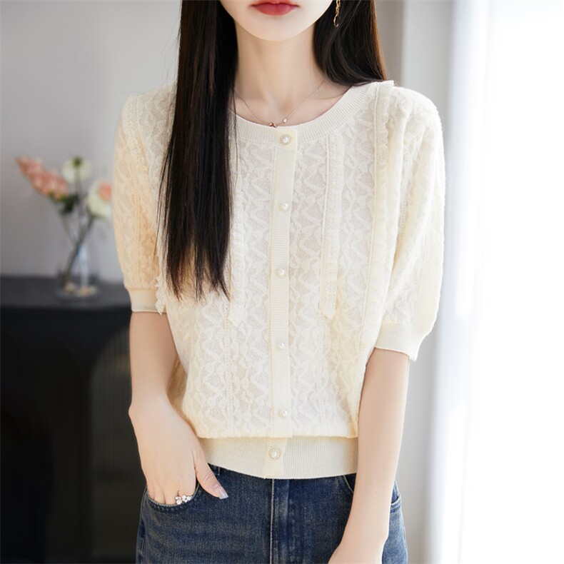2025夏季新款短袖t恤女薄款圆领蕾丝时尚木耳边半袖针织衫体恤衫，女装针织衫/毛衣，暖烁特种纱工厂店