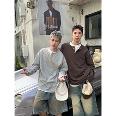 P10-P51秋冬美式复古假两件半开衫设计感长袖t恤男女针织，男装T恤，电商B323A