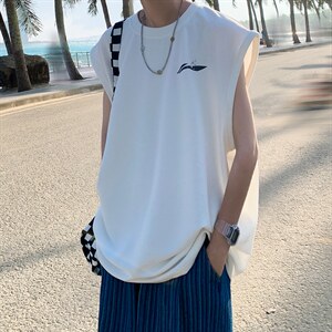 美式重磅无袖T恤男夏季潮牌三本针老头背心oversize篮球短袖汗衫，男装背心/马甲，电商019-1