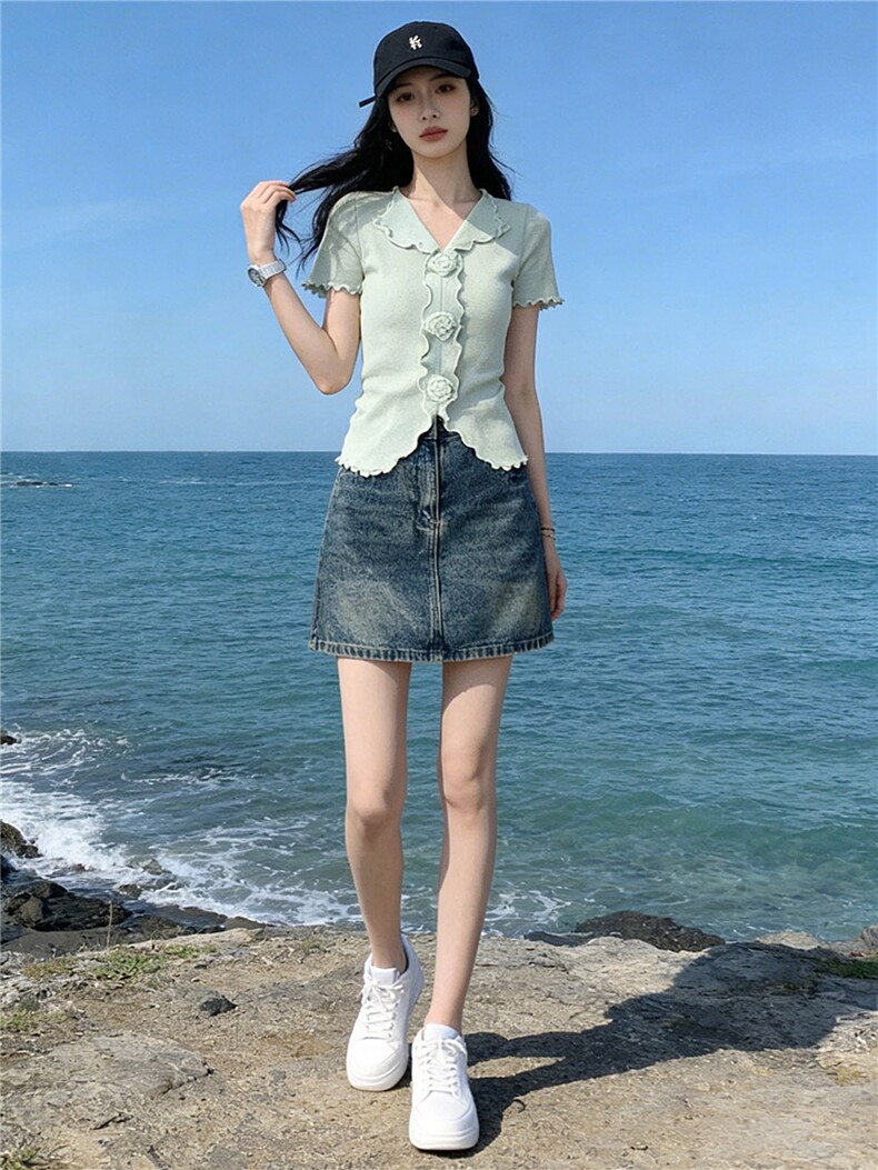 高级感时尚气质女夏新款套装立体花朵短袖上衣显瘦牛仔短裙两件套,女装套装/套裙,江南