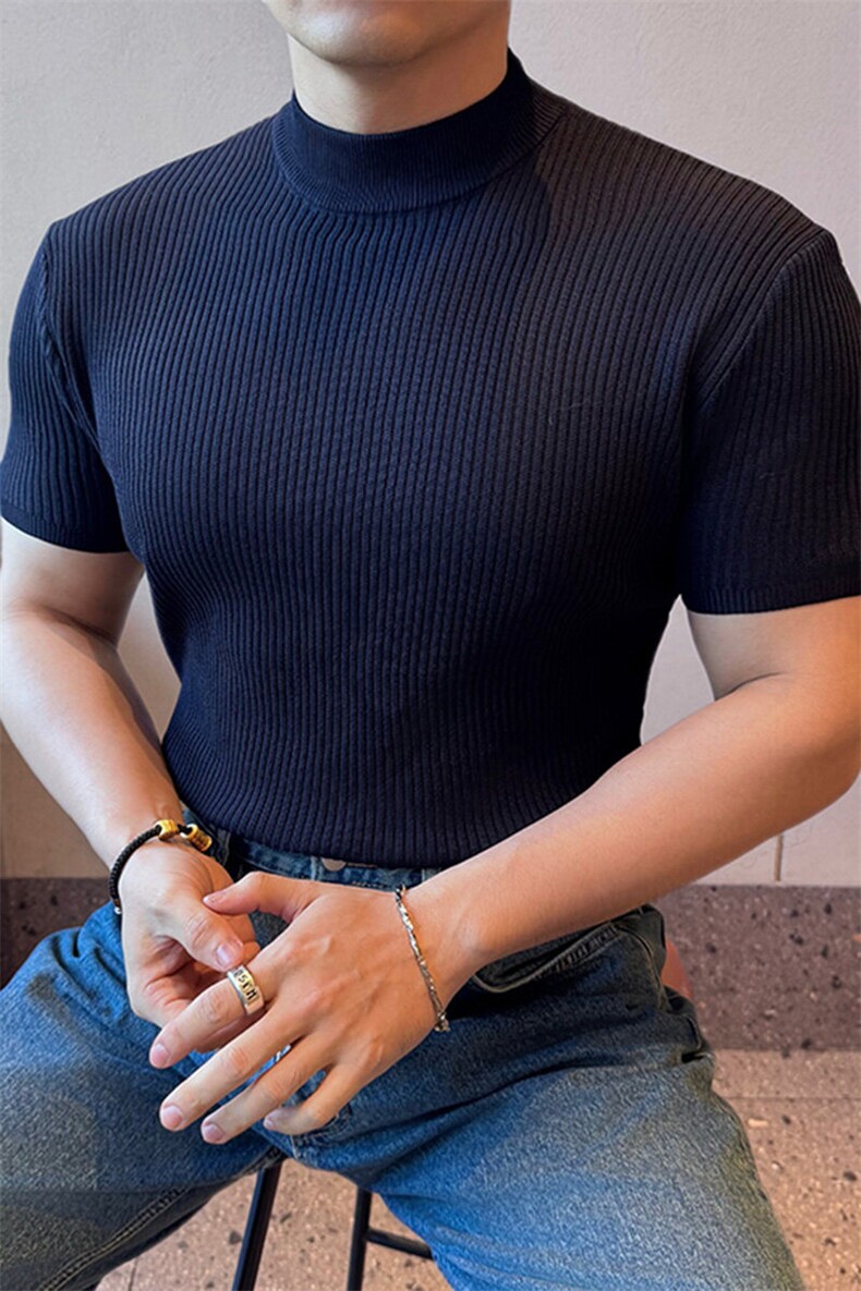 盗图纯色小高领肌理感简约薄款冰丝短袖T恤衫PL130/P55,男装T恤,电商A243