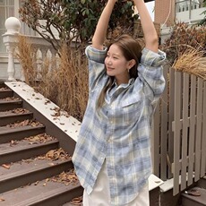 韩系慵懒风格子衬衫女大码中长款休闲外套上衣设计感长袖空调衫夏，男装衬衫，星座506A