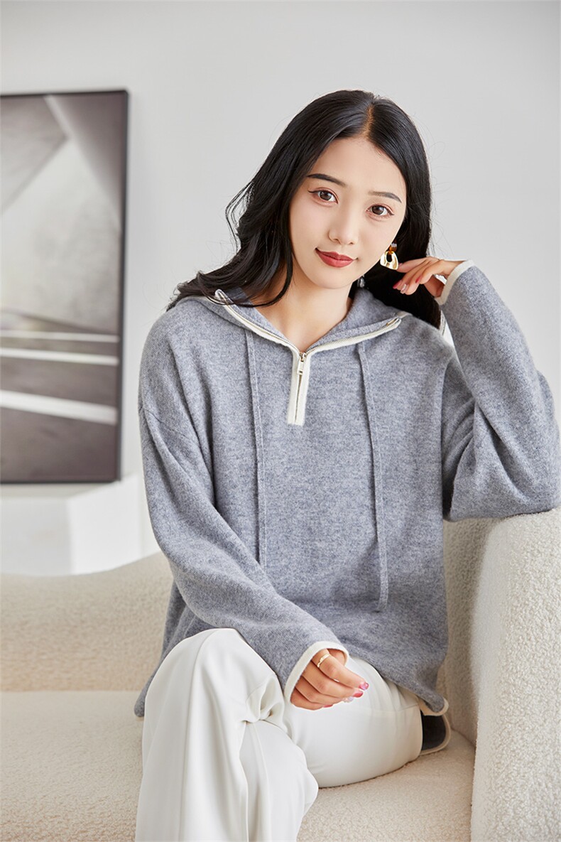 秋冬新款连帽针织卫衣女羊毛宽松半拉链帽衫洋气外穿拼色套头毛衣,女装羊毛衫,悦玛羊绒