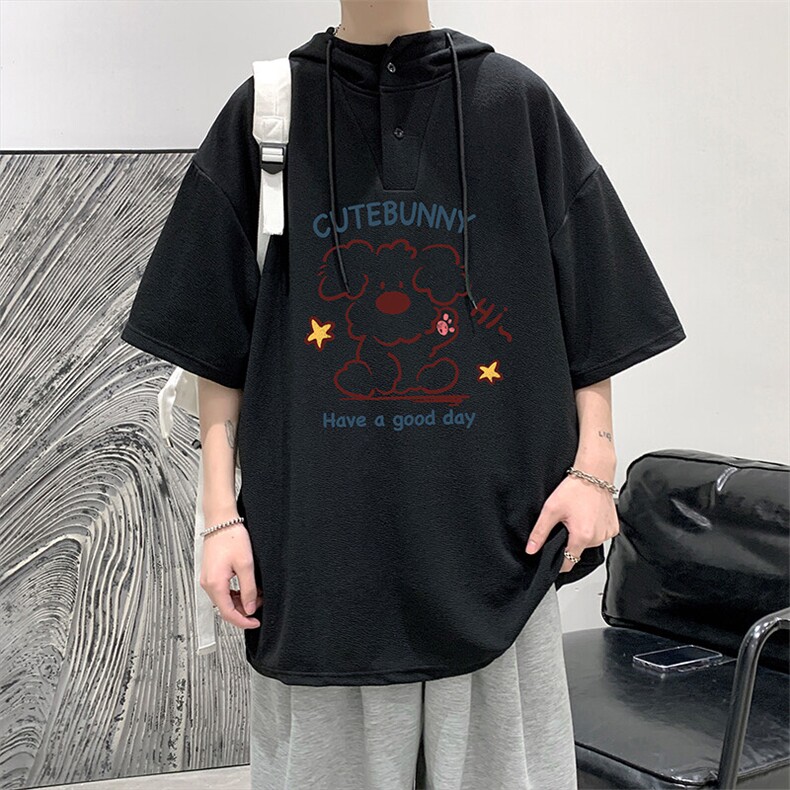 LD5434-P45连帽短袖t恤男大码胖子带帽五分袖中袖,男装T恤,电商A040