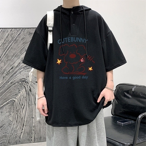 LD5434-P45连帽短袖t恤男大码胖子带帽五分袖中袖