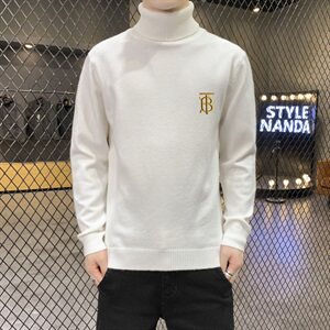 秋冬可翻高领毛衣男B纯色长袖男刺绣毛衫打底针织衫米白M252P33图片