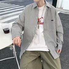 青春流行条纹潮长袖男日系气质夏季简约宽松型衬衫CT529P33图片