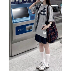 【有货】PX01CC-特P38格子拼接蝴蝶结短袖t恤男女，男装T恤，星座1007（原301D）