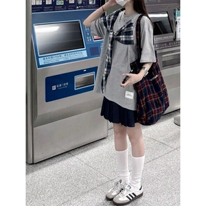 【有货】PX01CC-特P38 格子拼接蝴蝶结短袖t恤男女图片