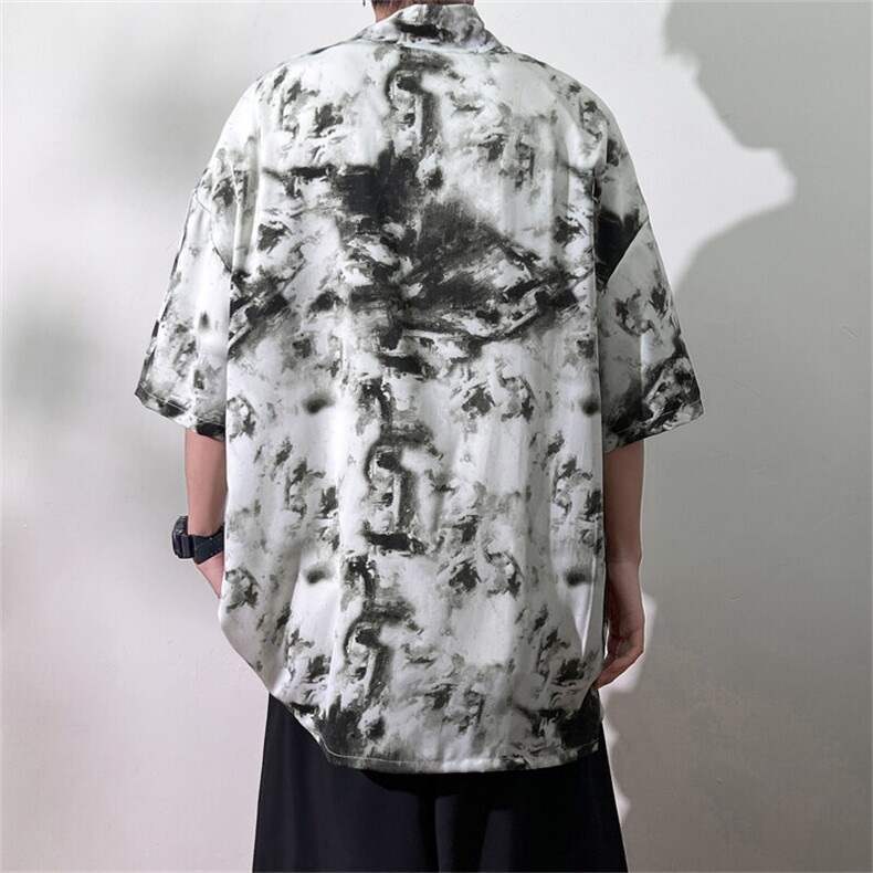 2025夏装新中式冰丝短袖衬衫男休闲宽松大码花衬衣C601P40,男装衬衫,电商C323