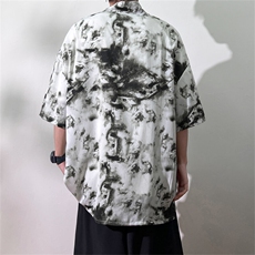 2025夏装新中式冰丝短袖衬衫男休闲宽松大码花衬衣C601P40，男装衬衫，电商C323