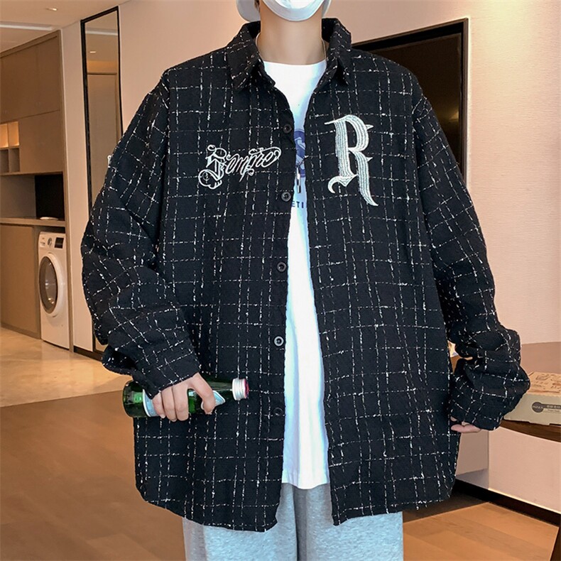 高街刺绣立体格子长袖衬衫ins潮男女街头痞帅外套Z662P48图片