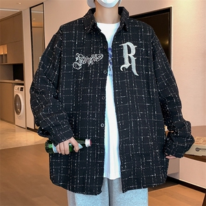 高街刺绣立体格子长袖衬衫ins潮男女街头痞帅外套Z662P48图片
