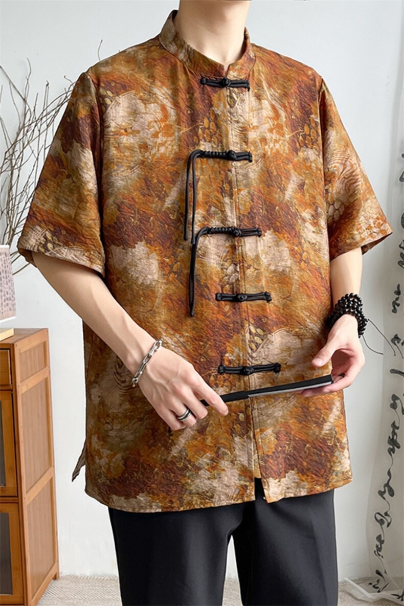 新中式提花风潮T恤短袖大码花色盆扣汉服时尚唐装T2411-P58,男装T恤,电商A227