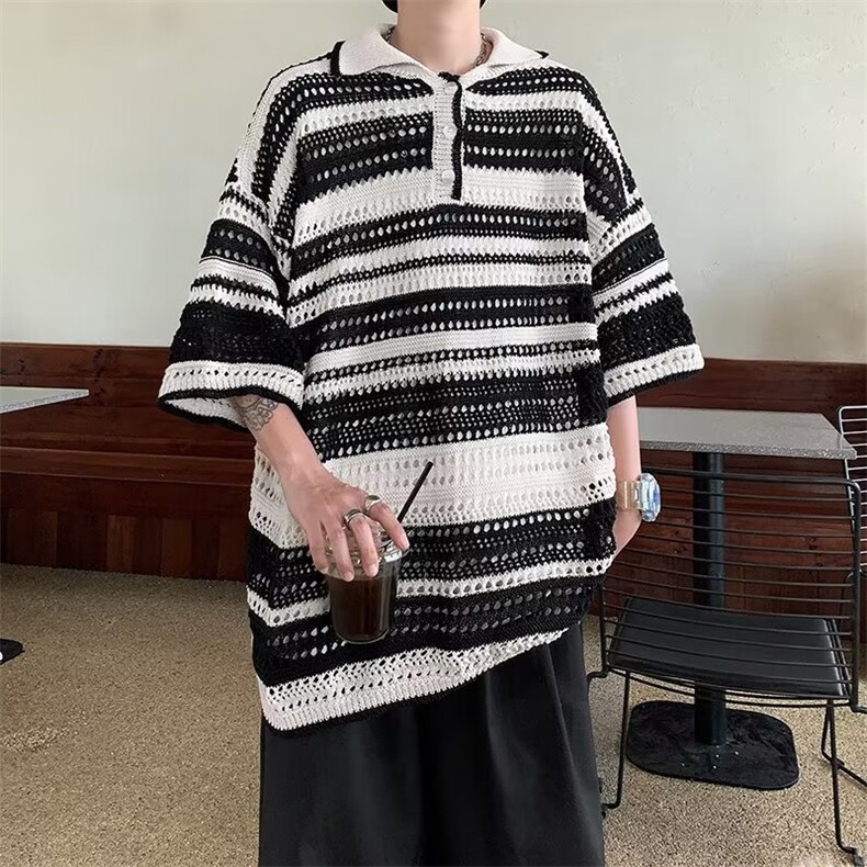 翻领短袖T恤男简约百搭休闲打底镂空针织五分袖POLO衫M300P43,男装Polo衫,星座1116-2