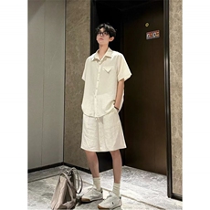 网图慎用夏季薄款亚麻混纺透气衬衫短袖套装两件套男TZ9099P60，男装休闲套装，电商A128