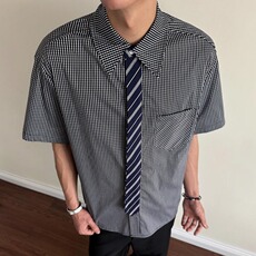 黄金搭配领带老钱风短袖衬衫男女夏季休闲宽松千鸟格衬衣CS2270，男装T恤，星座208-5
