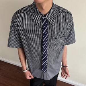 黄金搭配领带老钱风短袖衬衫男女夏季休闲宽松千鸟格衬衣CS2270图片