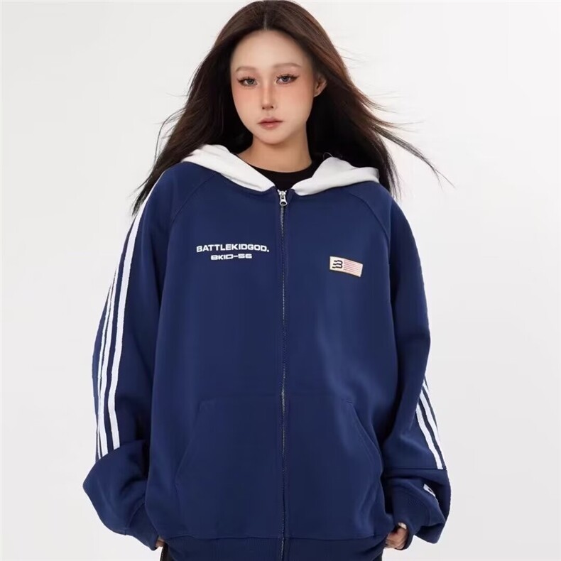 复古拼接三条杠连帽卫衣男女新款2025春秋拉链棒球服开衫夹克,男装夹克,星座218-1（原230）