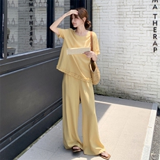 韩版木耳边短袖阔腿裤套装女2025年夏季新款休闲百搭松弛感两件套，女装套装/套裙，浙宝210（原浙宝191）