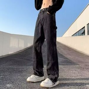 欧美高街水洗炒色牛仔裤男hiphop宽松显瘦长裤拉链裤子AMM769 P46图片
