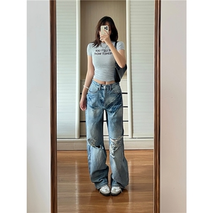 美式高街破洞刺绣牛仔裤女新款直筒宽松百搭休闲长裤NA18-P56图片