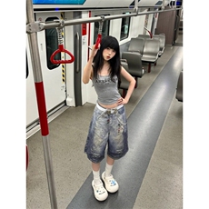 DKN47LL-P60美式复古贴画印花牛仔短裤男宽松直筒七分裤，男装牛仔裤，星座1007（原301D）