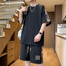 刺绣拼接夏季T恤一套短裤两件套休闲运动套装男A266-TZ9907-P47，男装休闲套装，电商A266