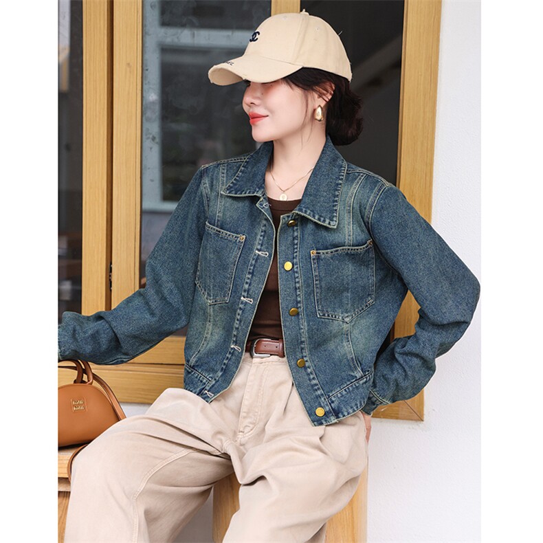 复古港风牛仔外套女2024春秋新款休闲百搭通勤水洗短款夹克上衣潮，女装牛仔外套，江南女神